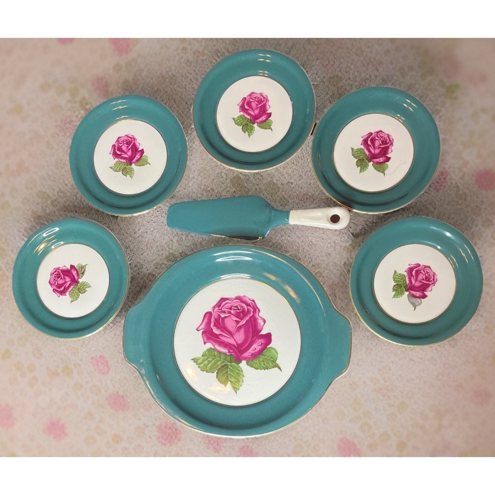 Vtg Harker Pottery Cake Serving Plate w/Server & 5 Dessert Plates Teal Rose 22kt